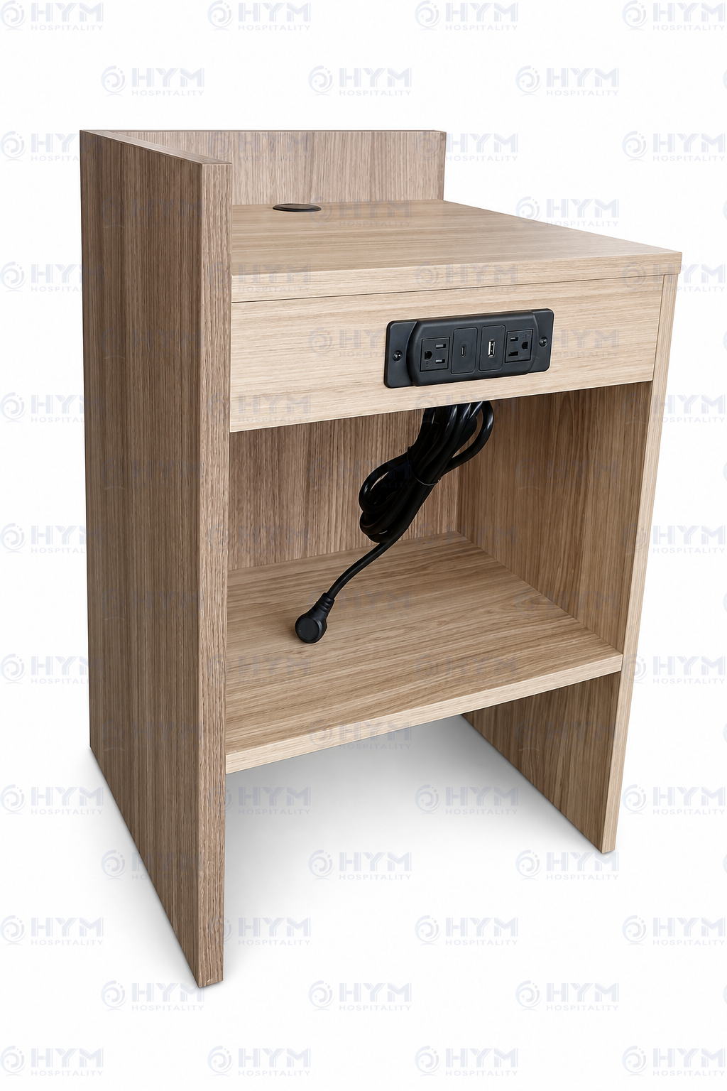 Factory side-angle shot of GR-323 hotel bedside table, highlighting wood grain texture and tabletop cable grommet.