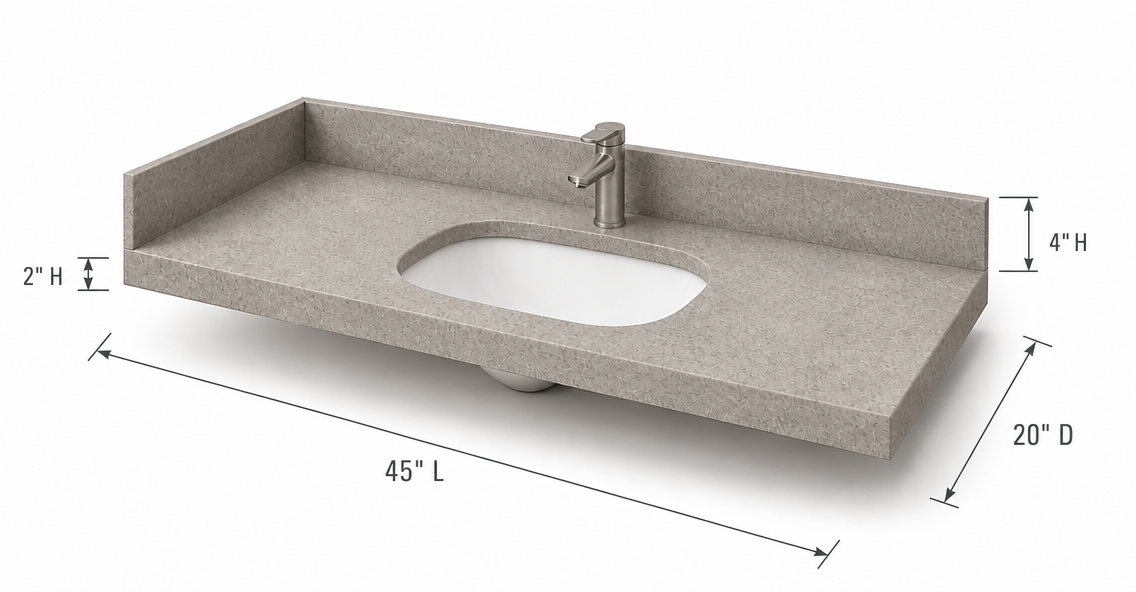 CG-221 Vanity Top dimensions 45 inch length by 20 inch depth for Candlewood Suites guestrooms.