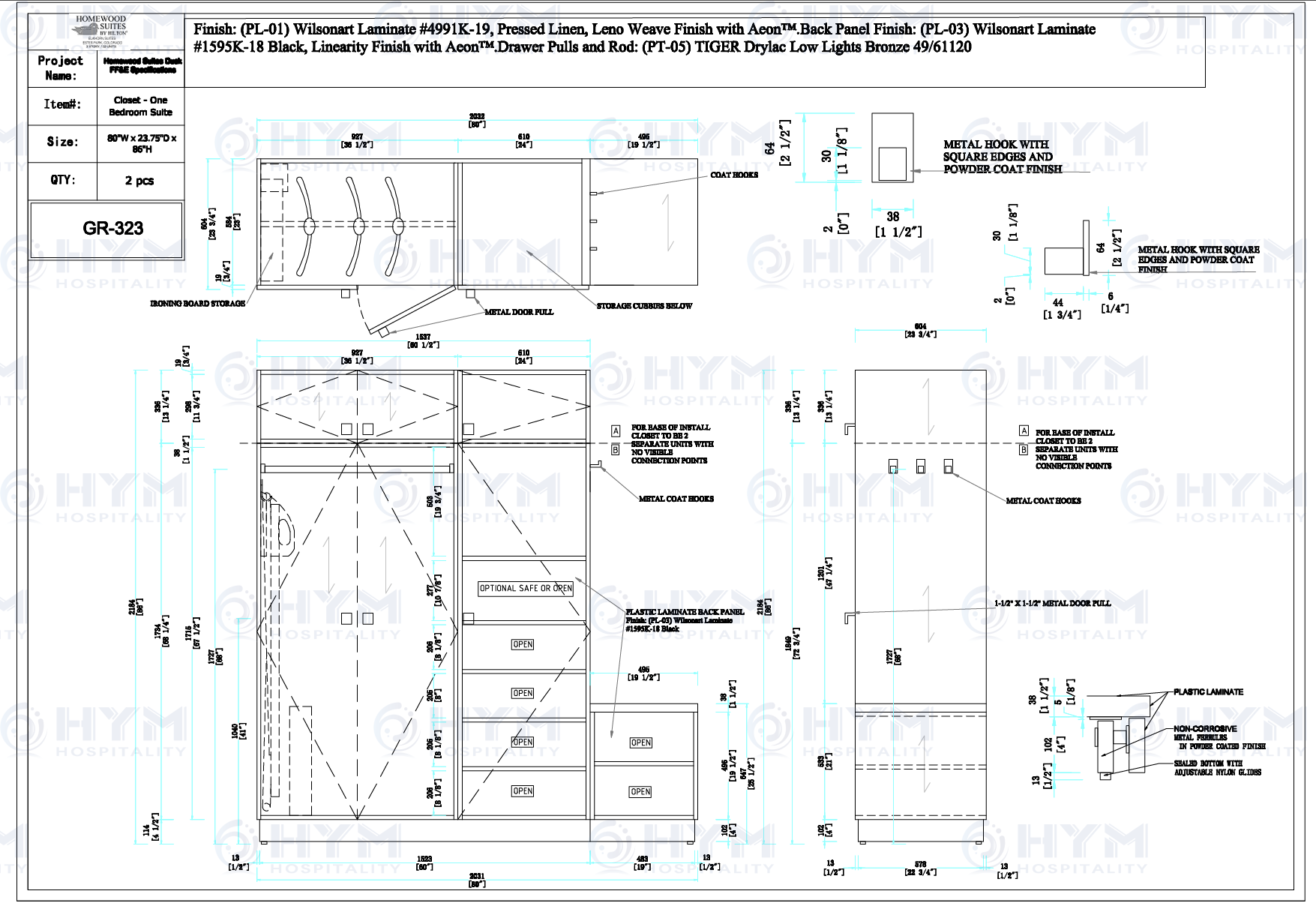 Technical shop drawings and dimensioned specifications for the Homewood Suites GR-323 hotel armoire, including elevations, plan views, and material callouts.