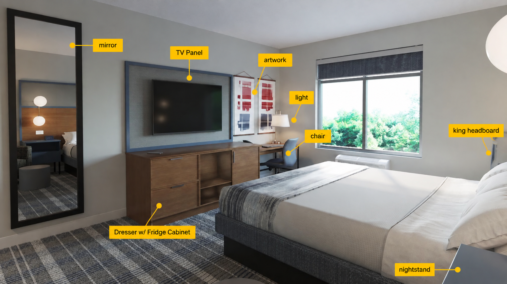 Modern AmericInn Hotel & Suites guestroom bedroom furniture set featuring a wood dresser with fridge cabinet, TV panel, and king headboard.