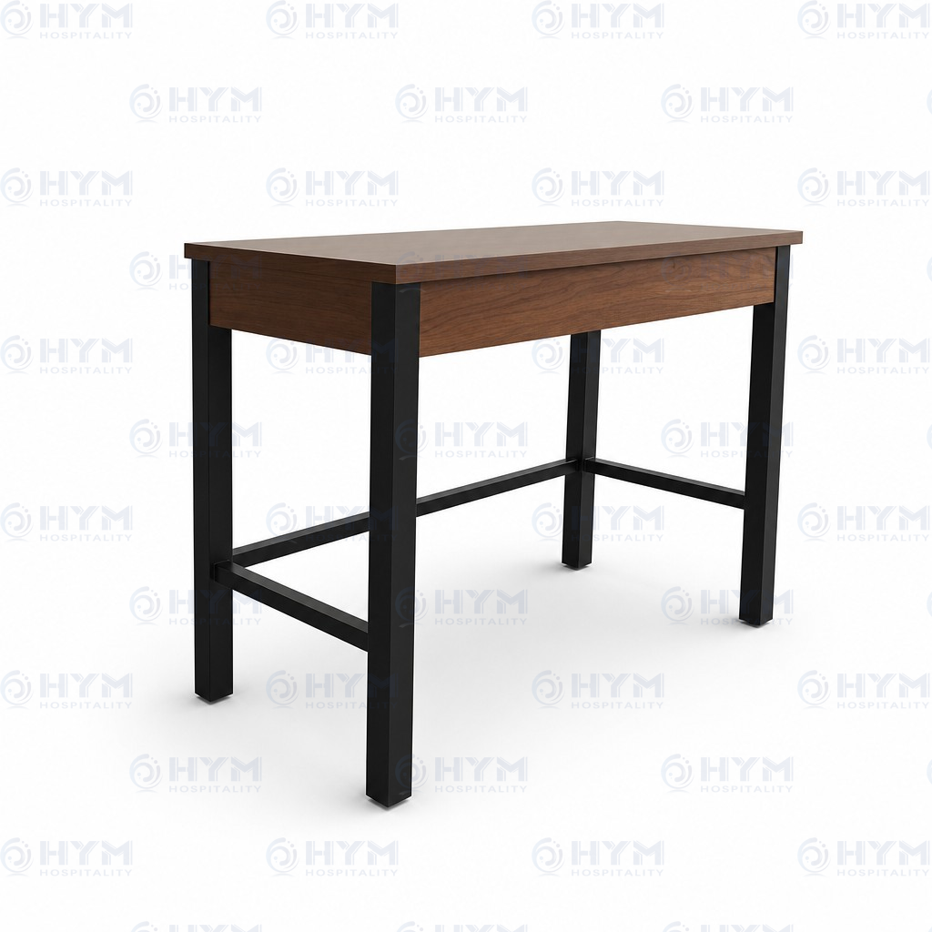 Modern AmericInn Hotel guestroom desk with dark wood grain top and black metal industrial legs.