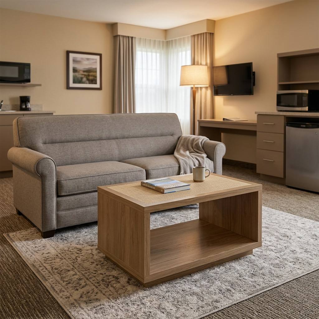 Residential-style hotel suite living room featuring CG-224 coffee table in front of a grey sofa.