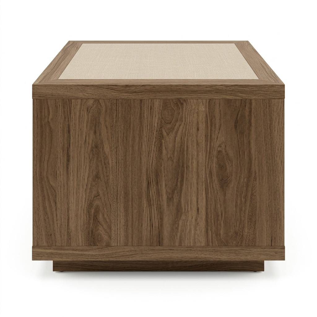 Front-side view of CG-224 coffee table highlighting the Wilsonart oak panels and recessed plinth base.