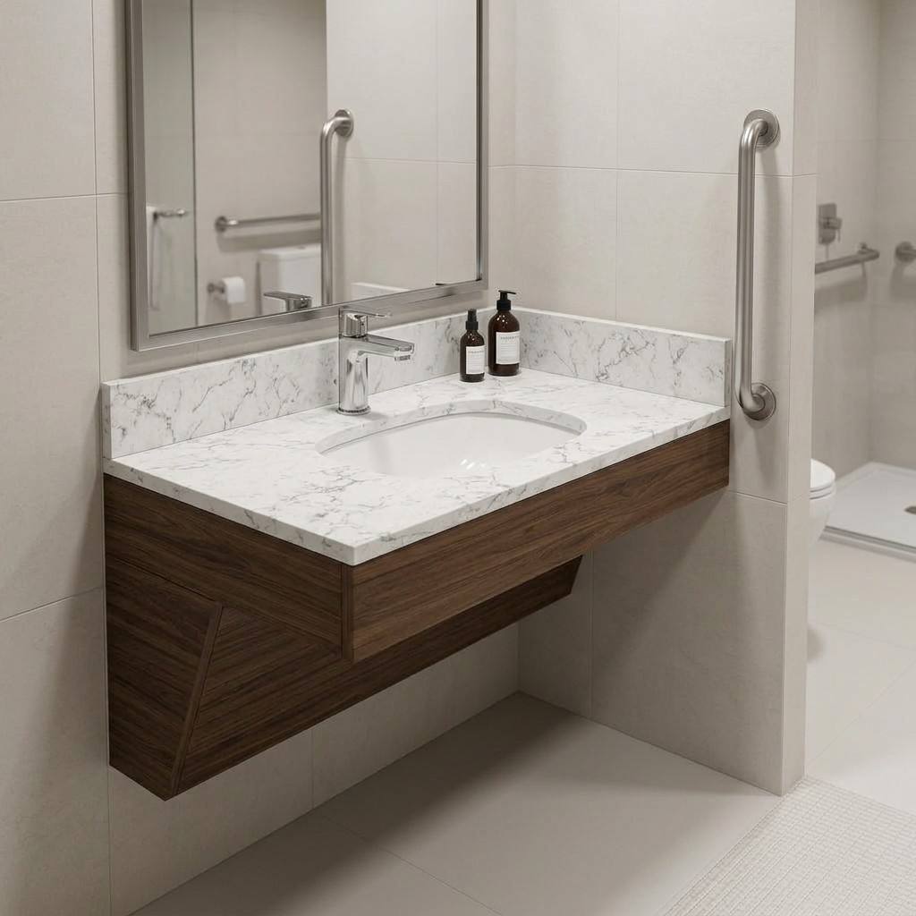 A professional renovation project image showing CG-255 vanity top with Wilsonart oak apron in a clean bathroom suite.
