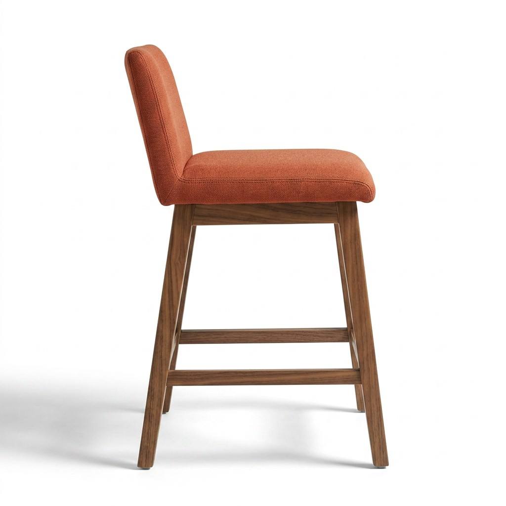 Standard side profile of PA-109 counter stool with Sap Walnut wood frame and Rusty Orange fabric.