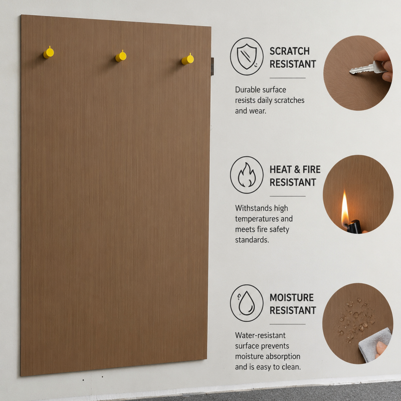 Performance features of Hyman Hospitality closet panel: scratch-resistant HPL surface, heat and fire safety compliant, and moisture-resistant finish for hotel use.