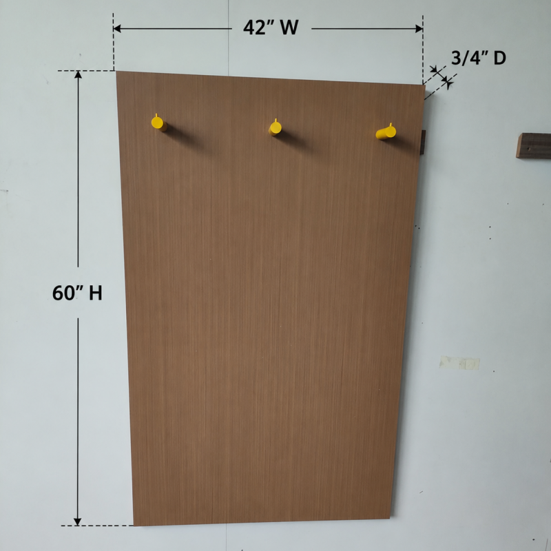 Technical dimensional view of Days Inn by Wyndham GR-301 closet panel featuring 42-inch width and 3/4-inch slim profile with integrated yellow hooks.