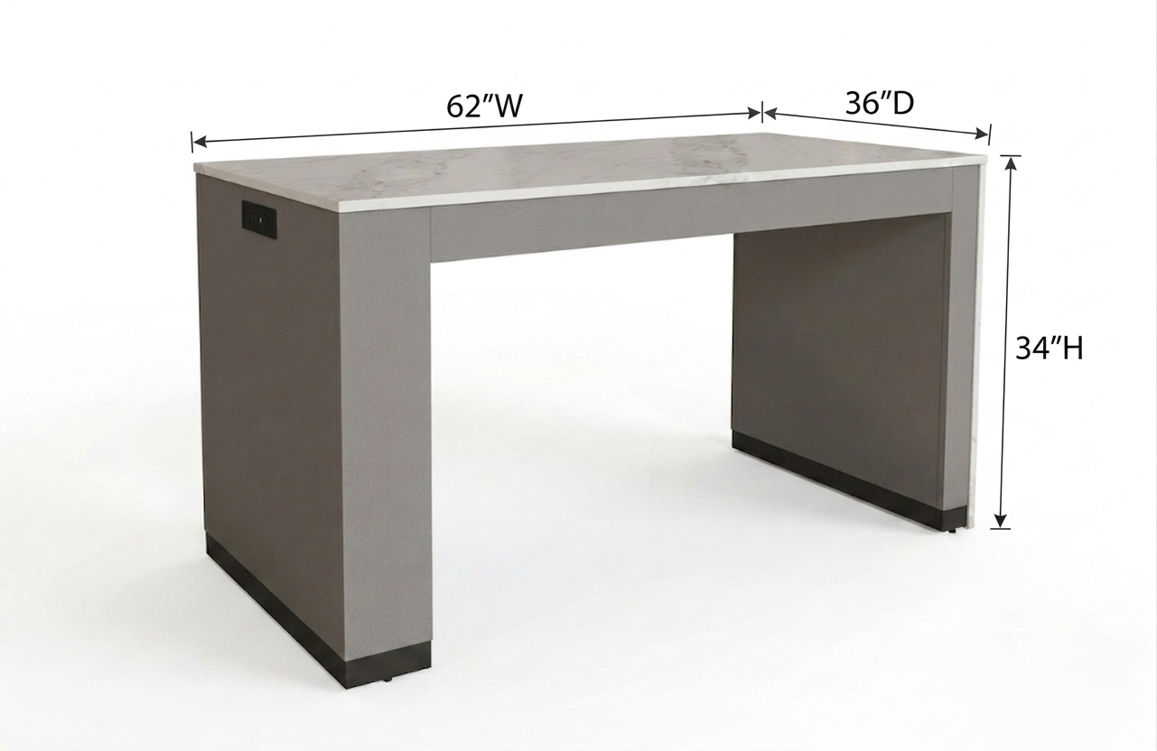 Technical dimensions for GR-315 Homewood Suites productivity table, measuring 62"W x 36"D x 34"H with Calacatta stone top.