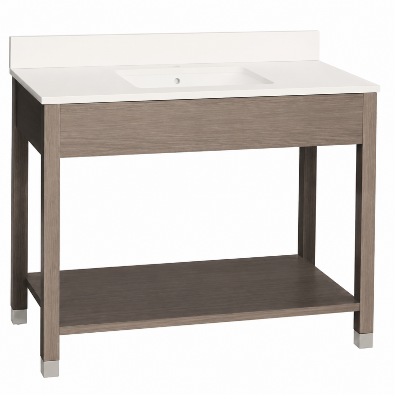 42-inch standard hotel vanity base for Ramada by Wyndham guestrooms, featuring a wood-grain finish, white engineered stone top, and integrated bottom shelf for towel storage.