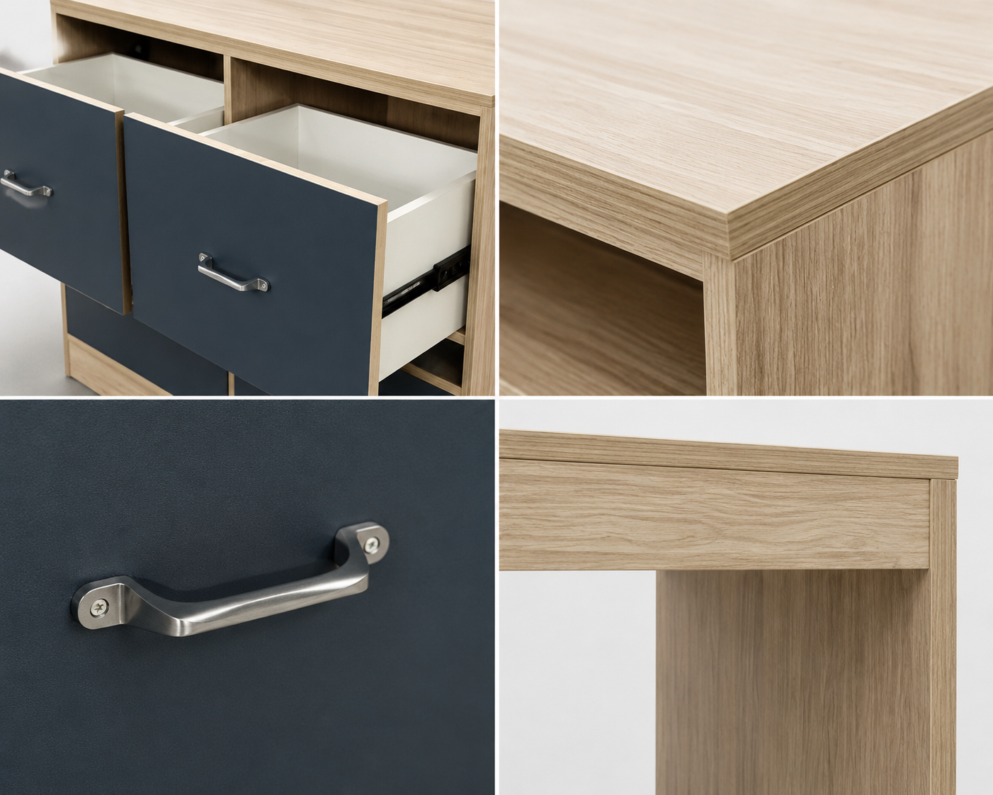 Detailed close-up of Top Knobs brushed satin nickel pulls and 2mm impact-resistant PVC edge banding on a hospitality-grade dresser.