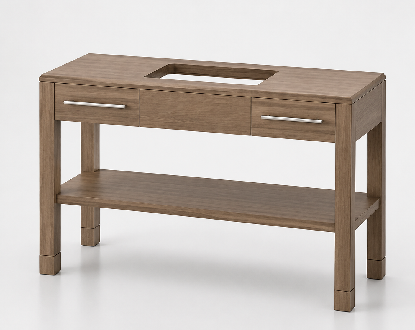 Symmetric hospitality vanity base featuring dual storage drawers and a marine-grade plywood core for high-humidity hotel zones.