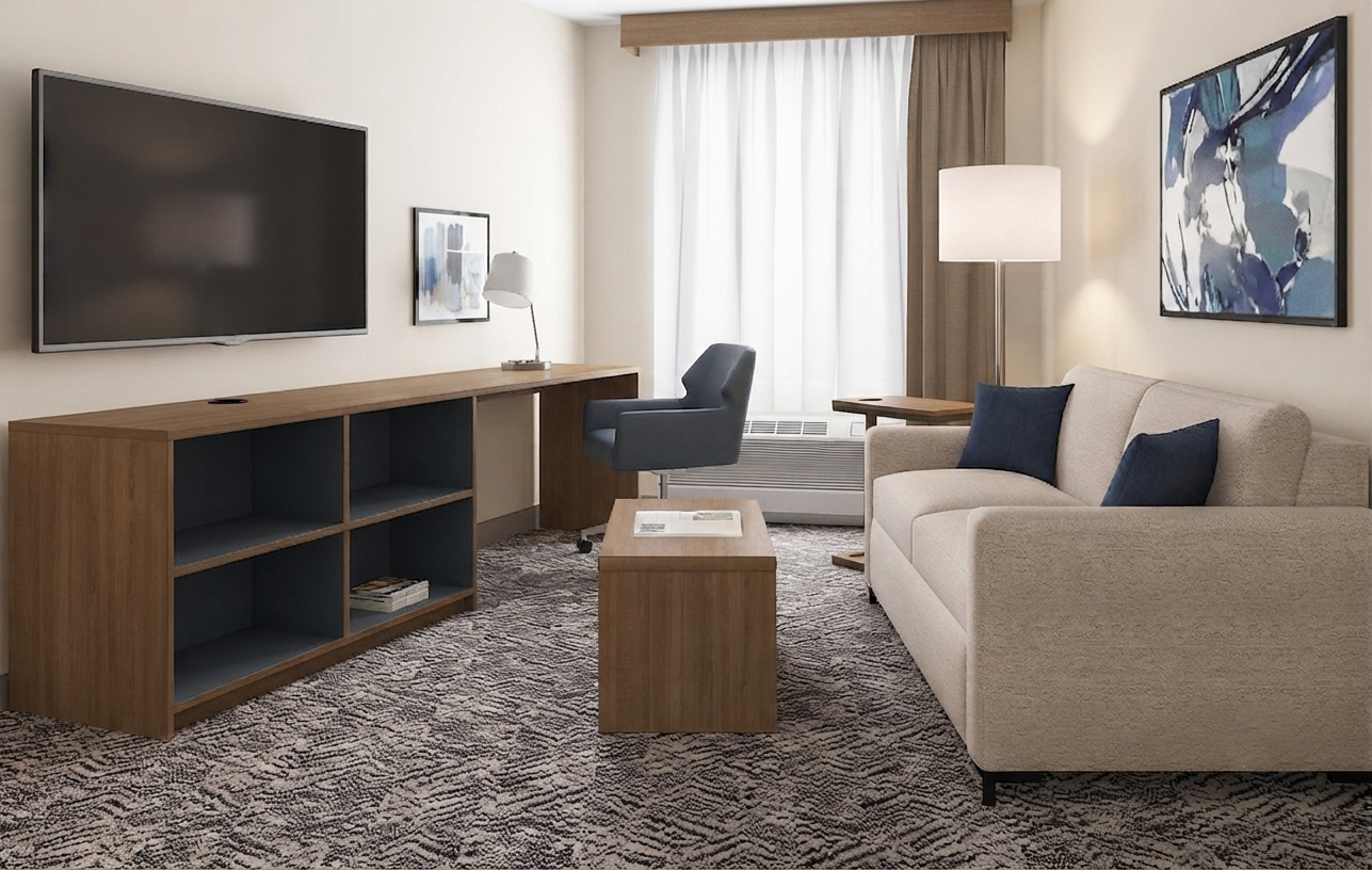 Complete turnkey hospitality FF&E suite package featuring coordinated desk, media unit, and upholstered seating for modern hotel brands.