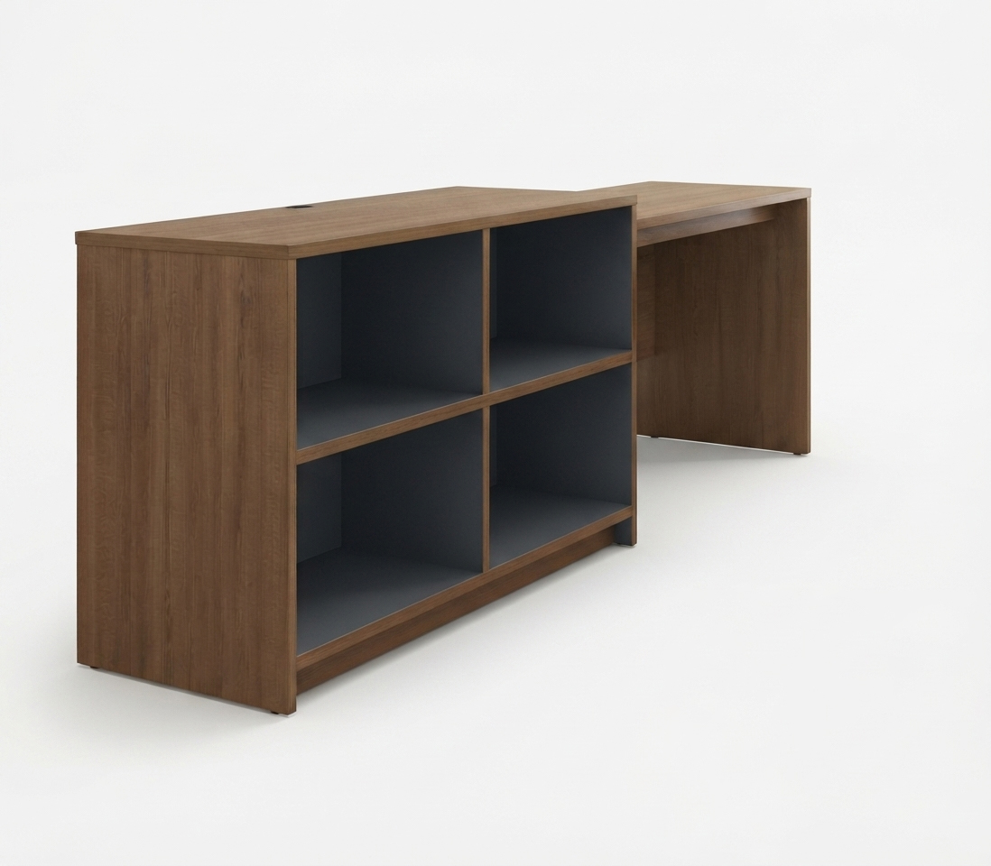 Perspective view of a hospitality-grade media console and desk unit with a field-reversible configuration for LH or RH installation.