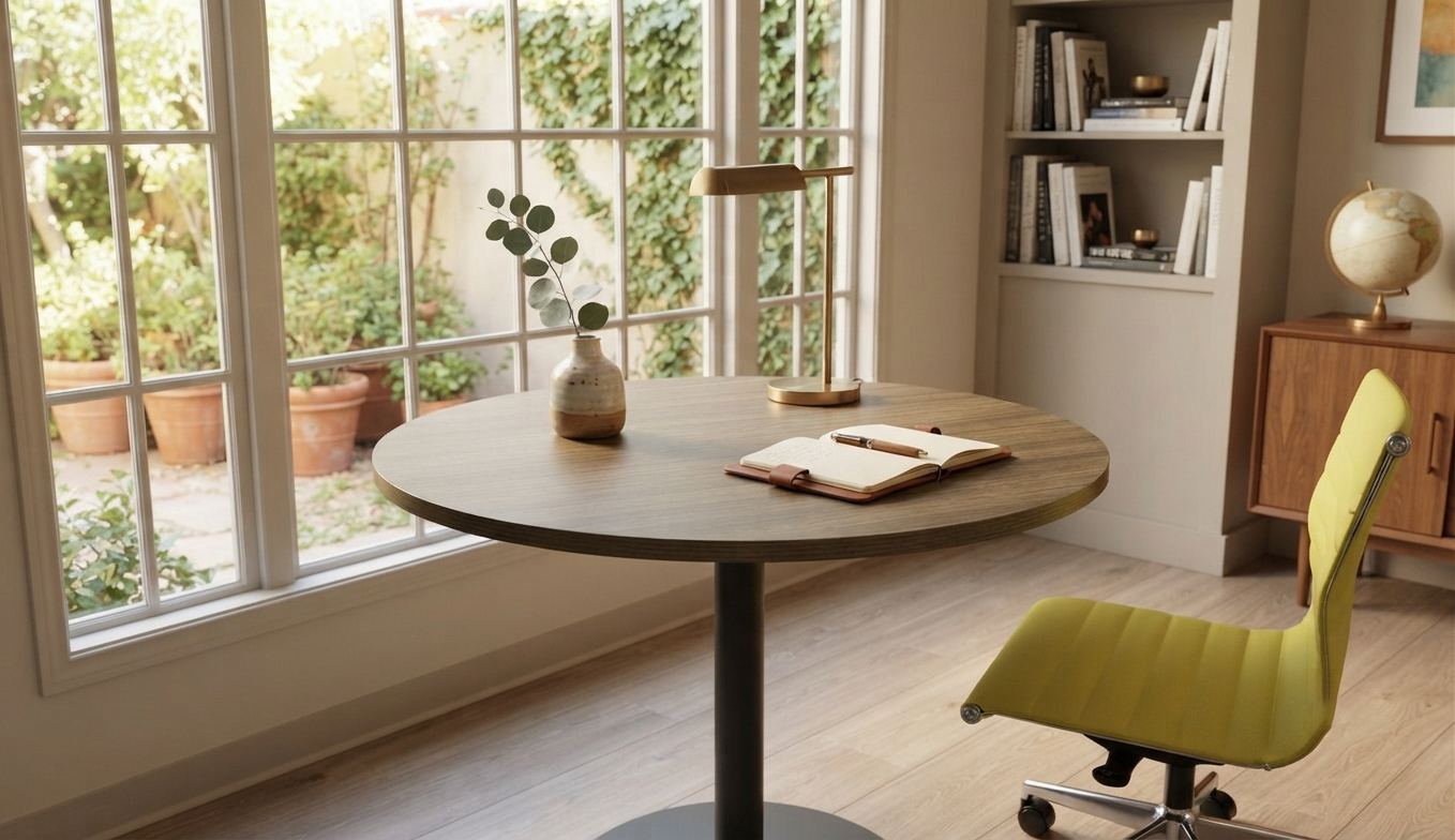 Close-up of a 36-inch round hotel activity table used as a guestroom workstation with wood-grain finish and lime green task chair.