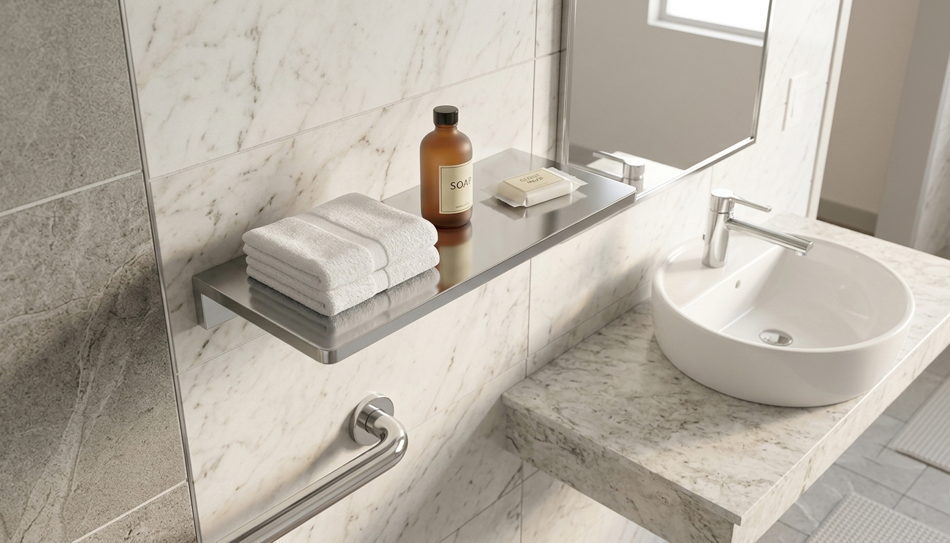 Close-up view of the Infinite Elegance 14-inch satin stainless steel shelf for hotel toiletries in a Home2 by Hilton guestroom.