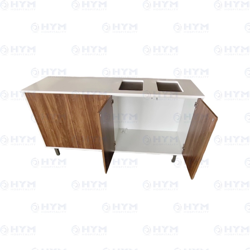 Internal view of Holiday Inn Express EXP2-211 trash console with open doors, designed for easy access to Rubbermaid trash liners.