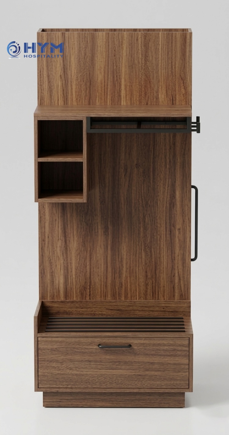 Front view of GR-314 Hampton by Hilton guestroom closet and wardrobe cabinet for hotel room projects.