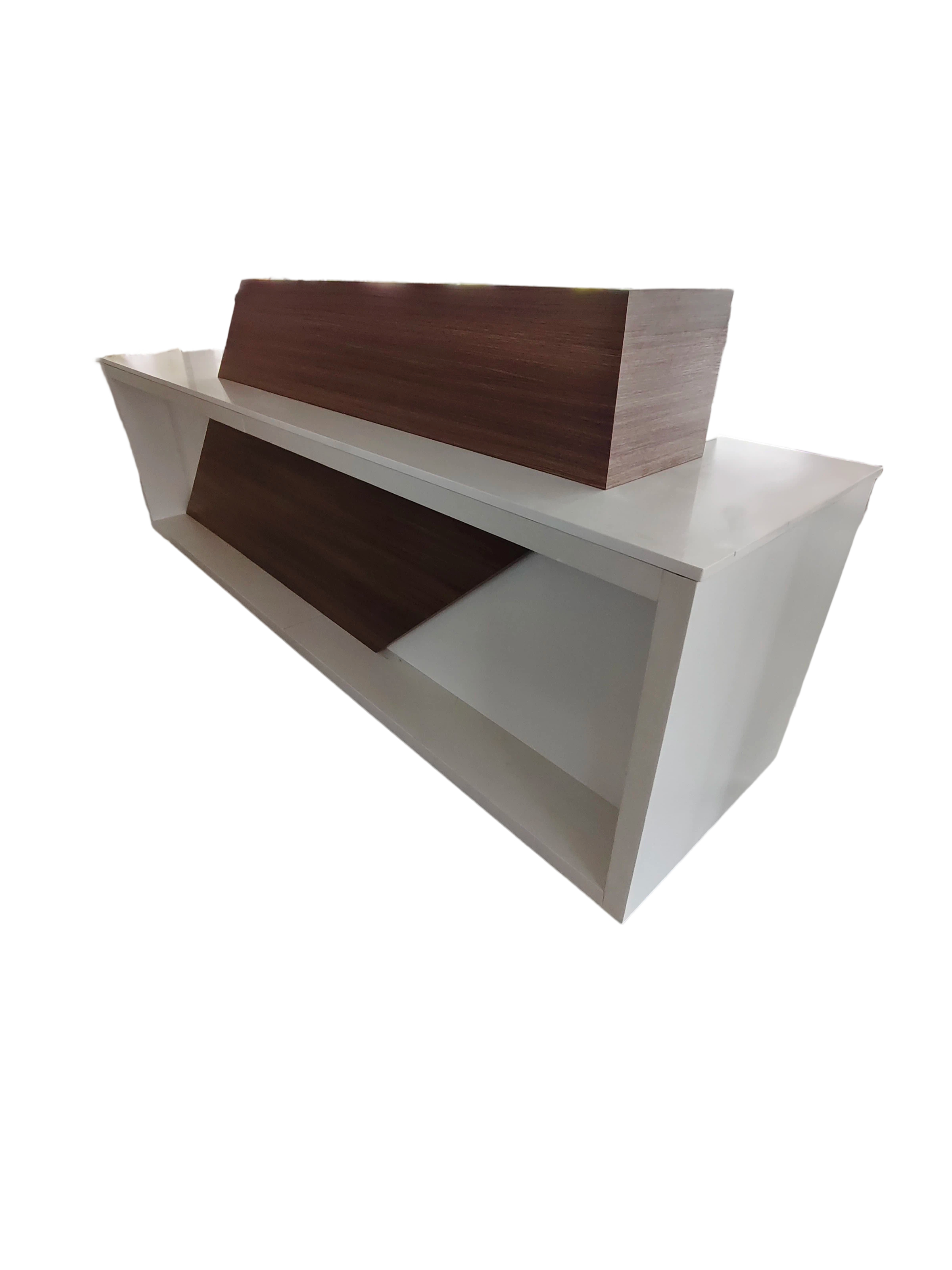 Sleek check-in pod for Holiday Inn Express Formula Blue 2.0 renovations, featuring a high-durability laminate finish and clean architectural lines.