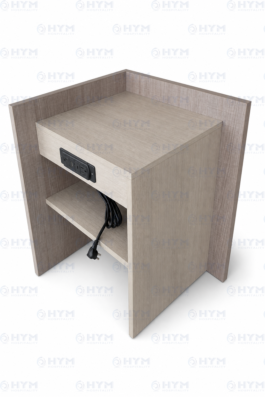 Hospitality nightstand with L-shaped gallery back and side panels to prevent items from falling. Left-hand configuration for symmetrical hotel room layouts.