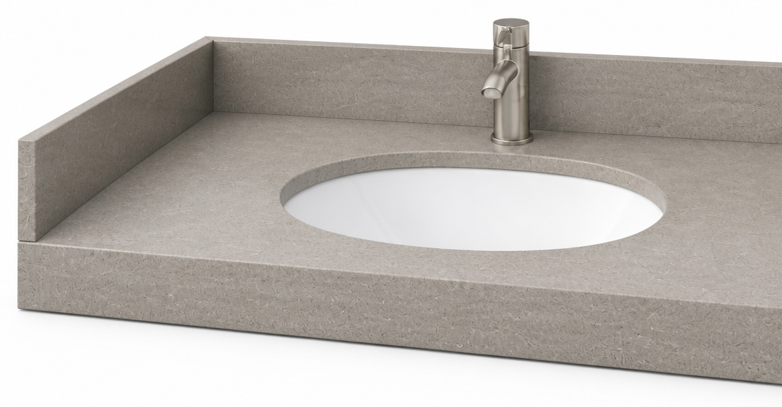 Hyman Hospitality CG-221 gray quartz vanity top with 4-inch backsplash for hotel renovations.