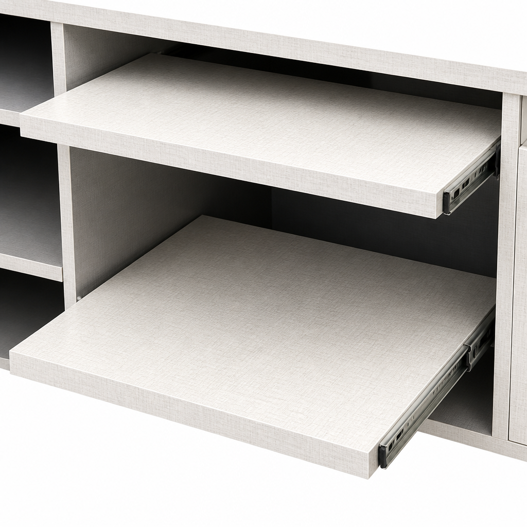 Close-up of EXP2-216 staff-side ergonomic pull-out keyboard tray and open roll-out storage shelf