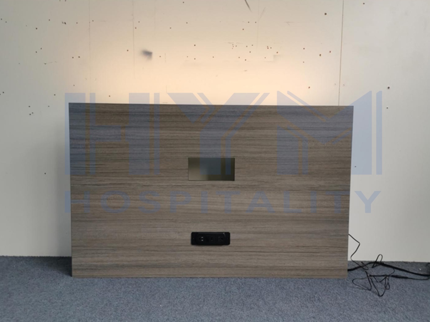 GR-311 hotel TV panel front view with LED backlight and built-in power strip with USB, weathered oak finish, factory photo