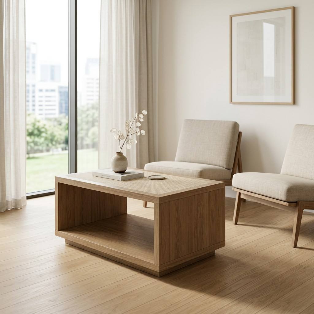 Minimalist boutique hotel lounge setting with CG-224 coffee table on light hardwood flooring.