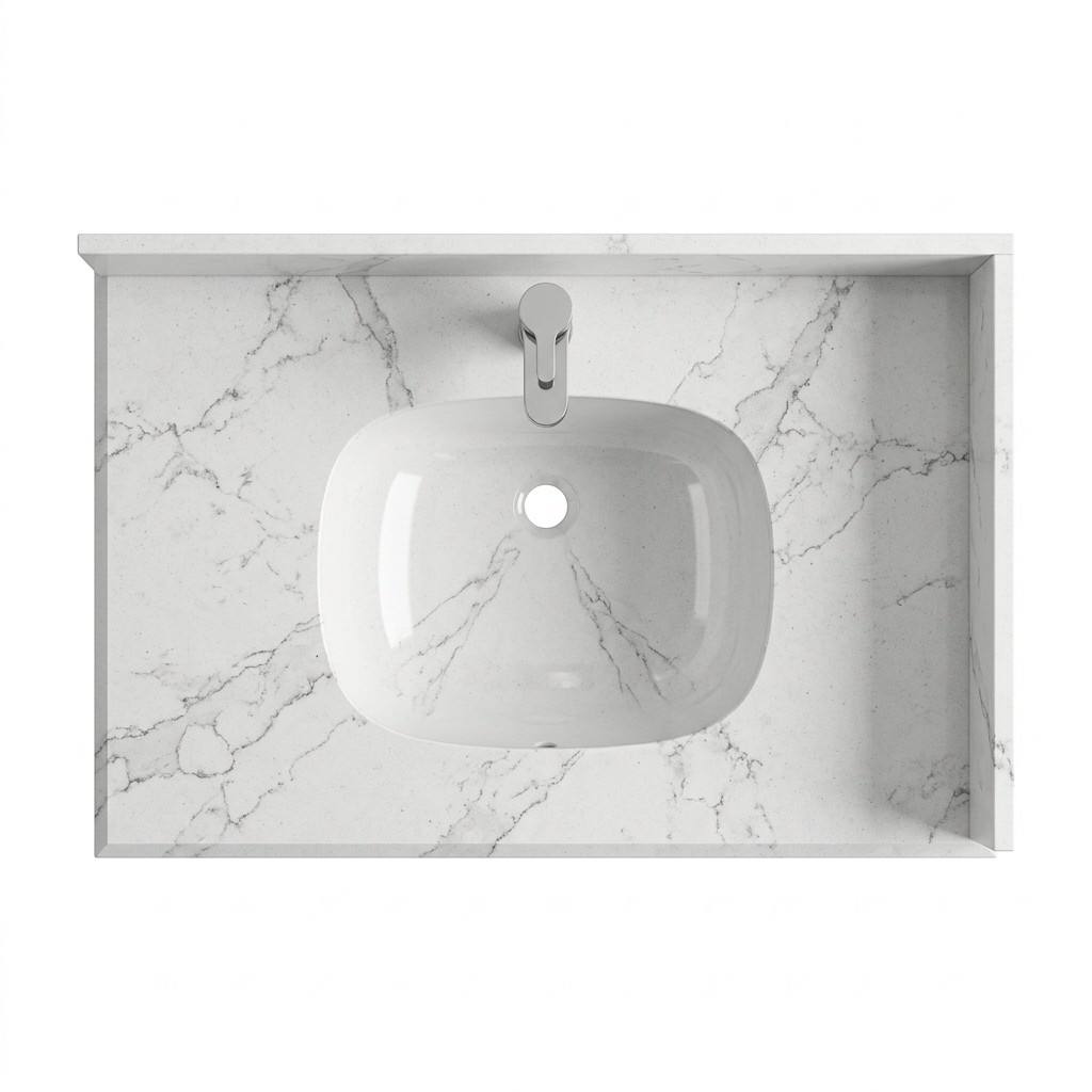 Top-down bird's-eye view of CG-255 vanity top showing white marble quartz texture and sink cutout dimensions.