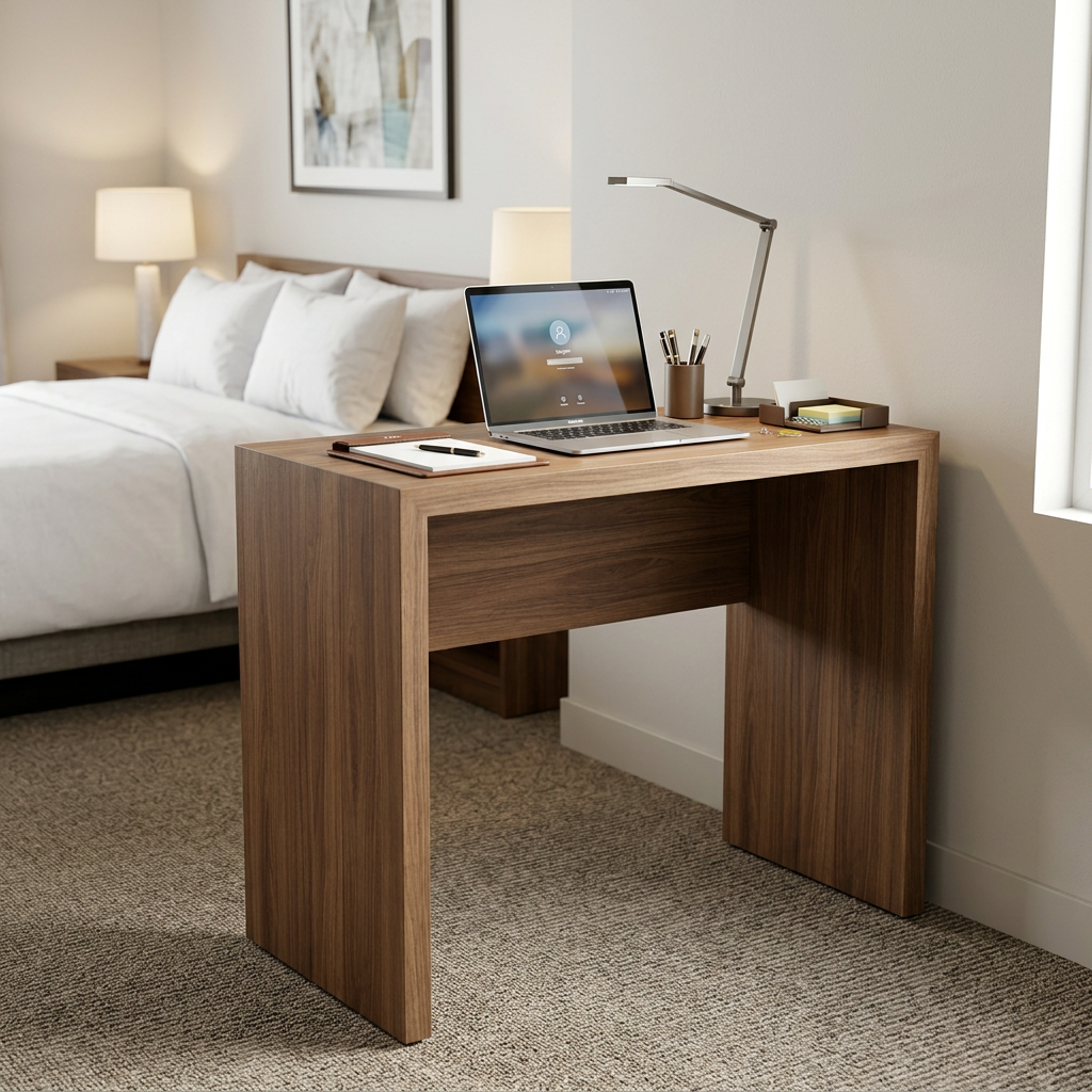 CG-253 desk beside bed with laptop and desk lamp