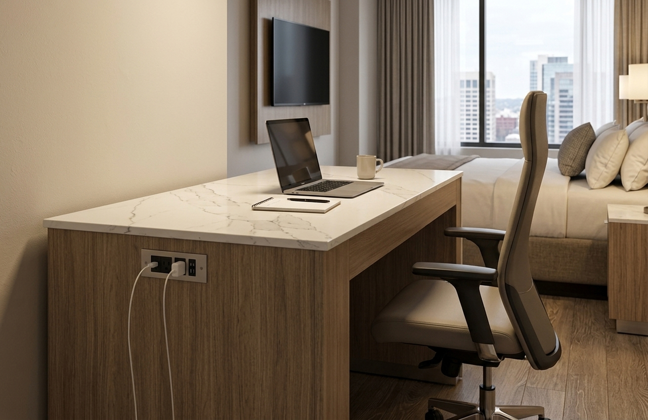 Close-up of integrated UL-listed power unit on hotel desk featuring dual AC outlets and USB ports with satin nickel finish.
