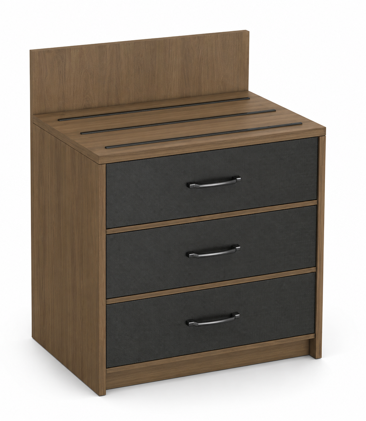 Perspective view of an institutional-grade 3-drawer hotel dresser with integrated brushed nickel luggage guard rails on the top surface.