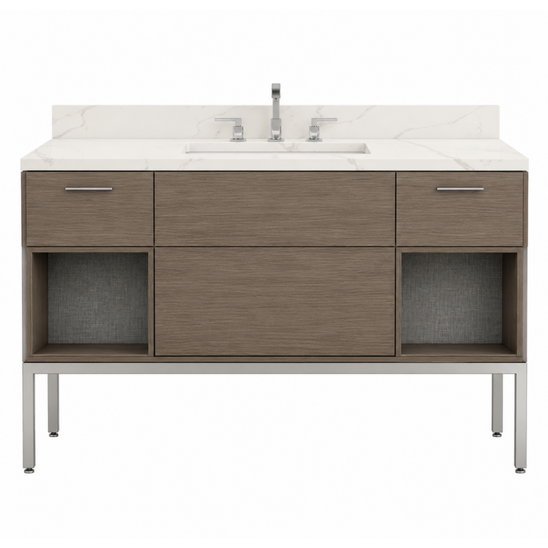 Institutional-grade 54-inch freestanding hotel vanity for Efficiency Suites featuring a moisture-resistant wood-grain finish, white stone top with 4-inch backsplash, and a TIGER Drylac silver metal base supporting 250+ lbs.