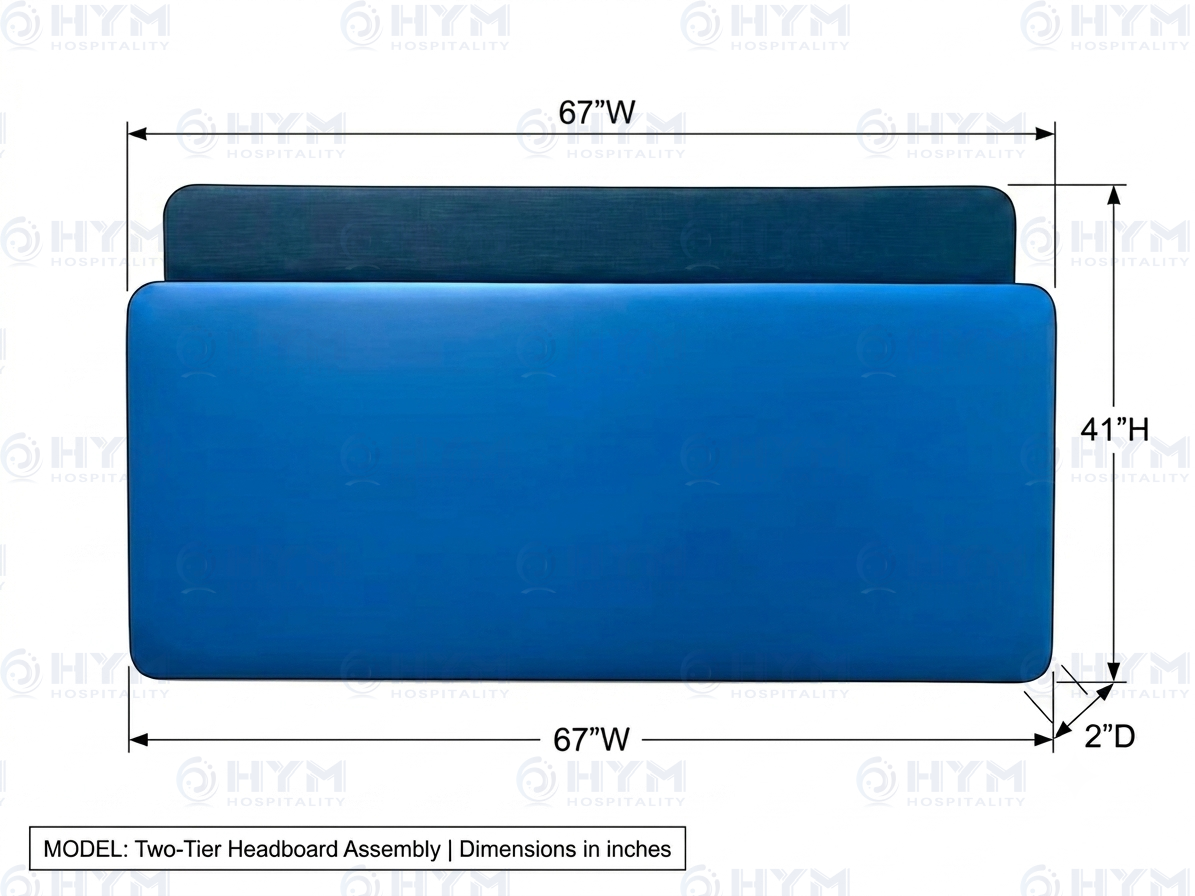 Technical dimensional drawing of Hampton by Hilton Queen two-tier headboard assembly, measuring 67"W x 2"D x 41"H for FF&E procurement.