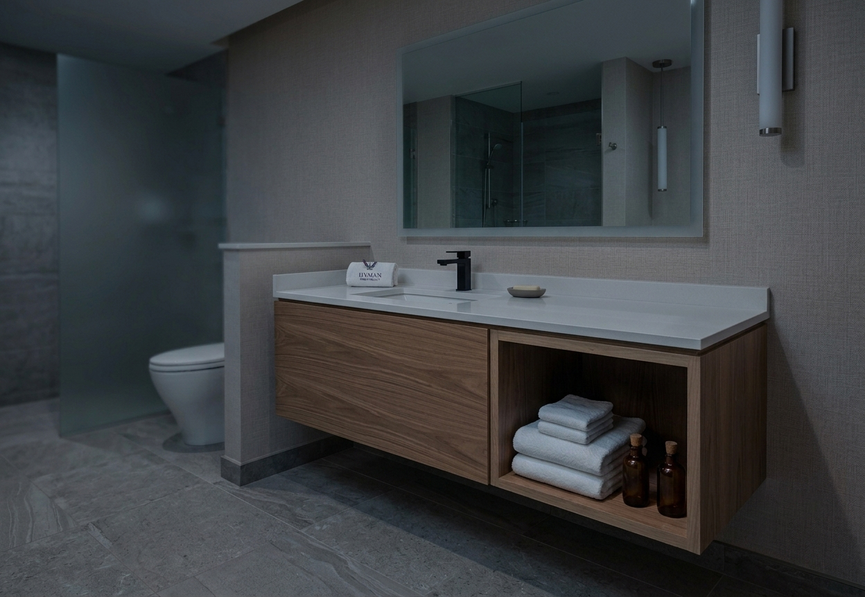 IHG brand-compliant guestroom bathroom FF&E featuring a wall-mounted vanity unit with integrated open storage for towel presentation.
