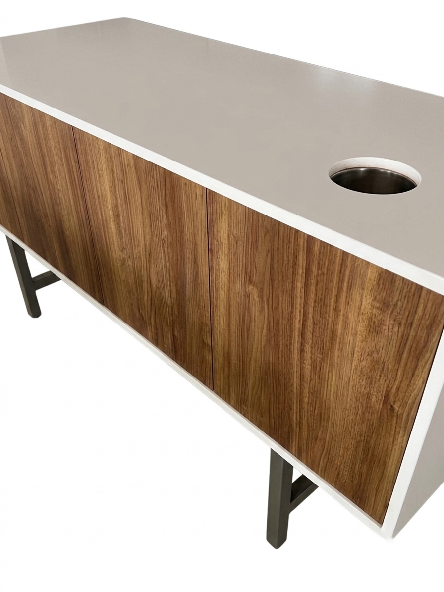 Top view of a 2cm white quartz countertop with an integrated circular trash cutout, pre-fitted for Holiday Inn Express Great Room standards.