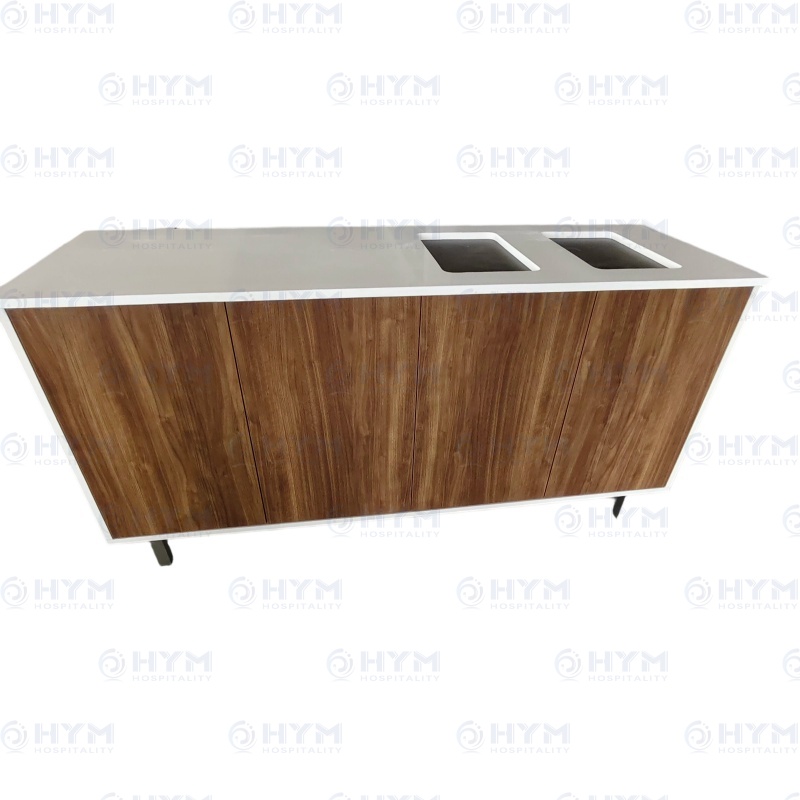 Front view of an IHG Formula Blue brand-compliant dual-opening trash console with HIEX branded silver decals.