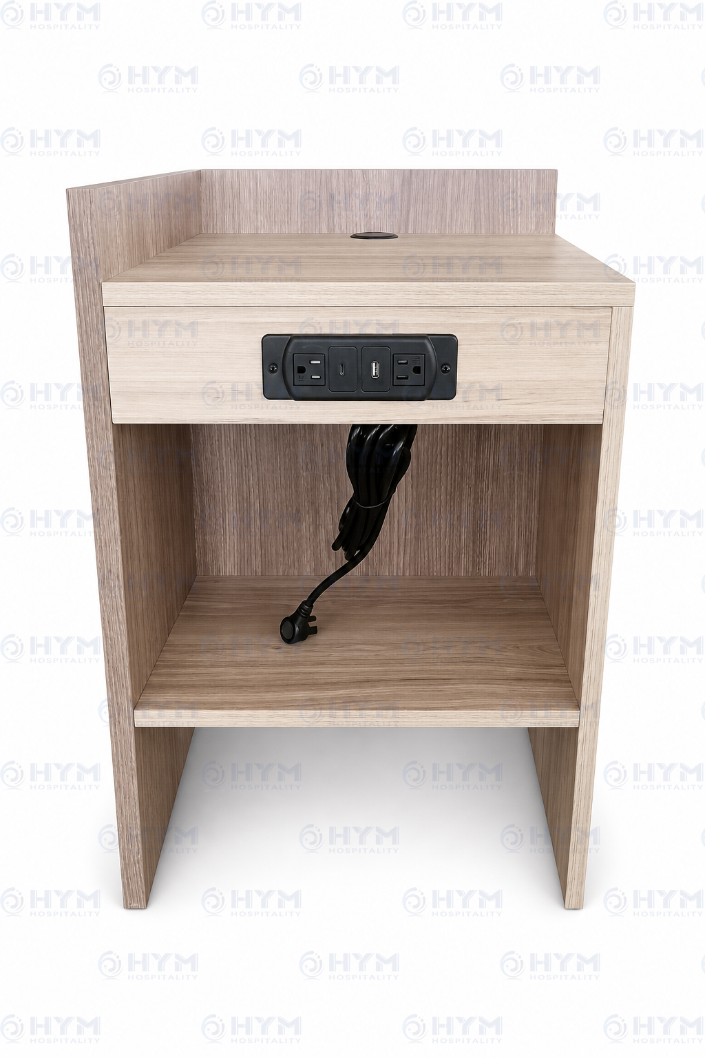 Real factory photo of GR-323 nightstand showing front-mounted power panel with USB-A and USB-C for Home2 by Hilton.