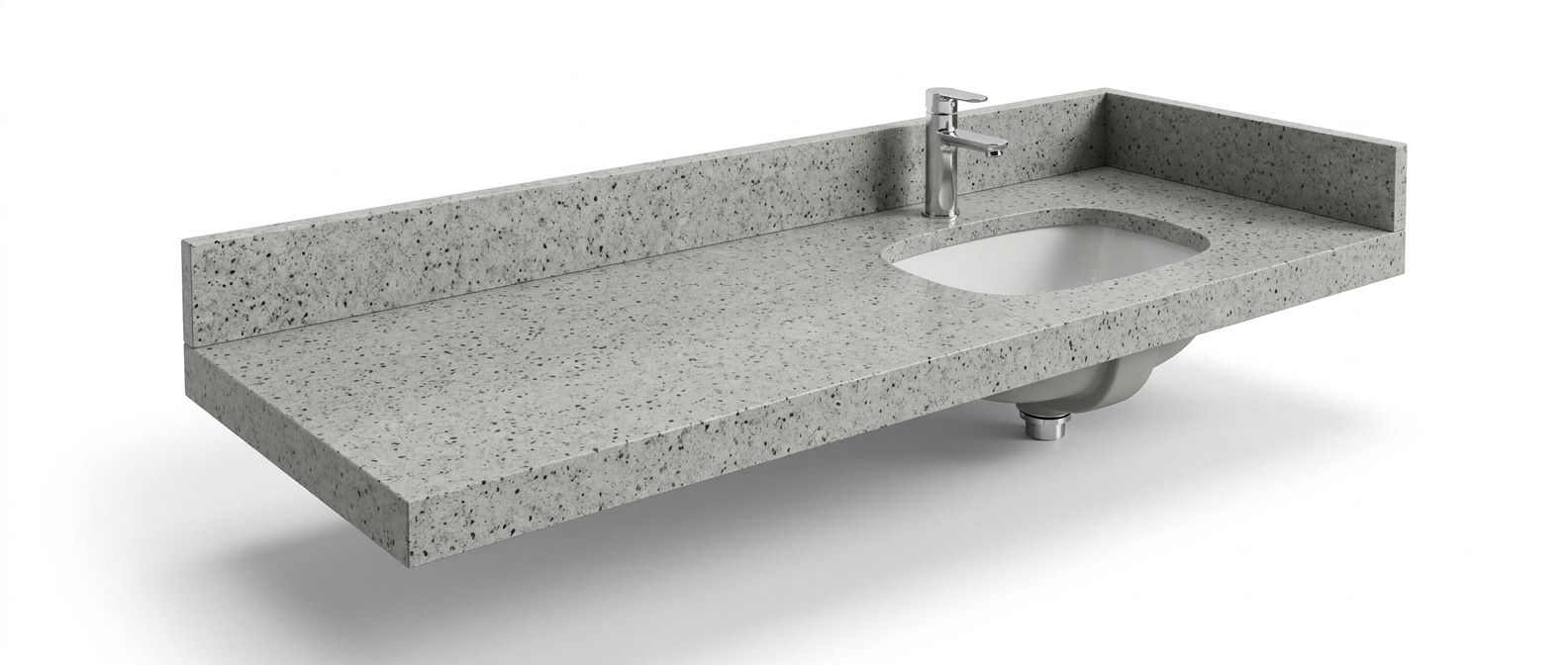 CG-219 grey quartz vanity top with undermount sink, chrome faucet and integrated backsplash for studio vanity bases