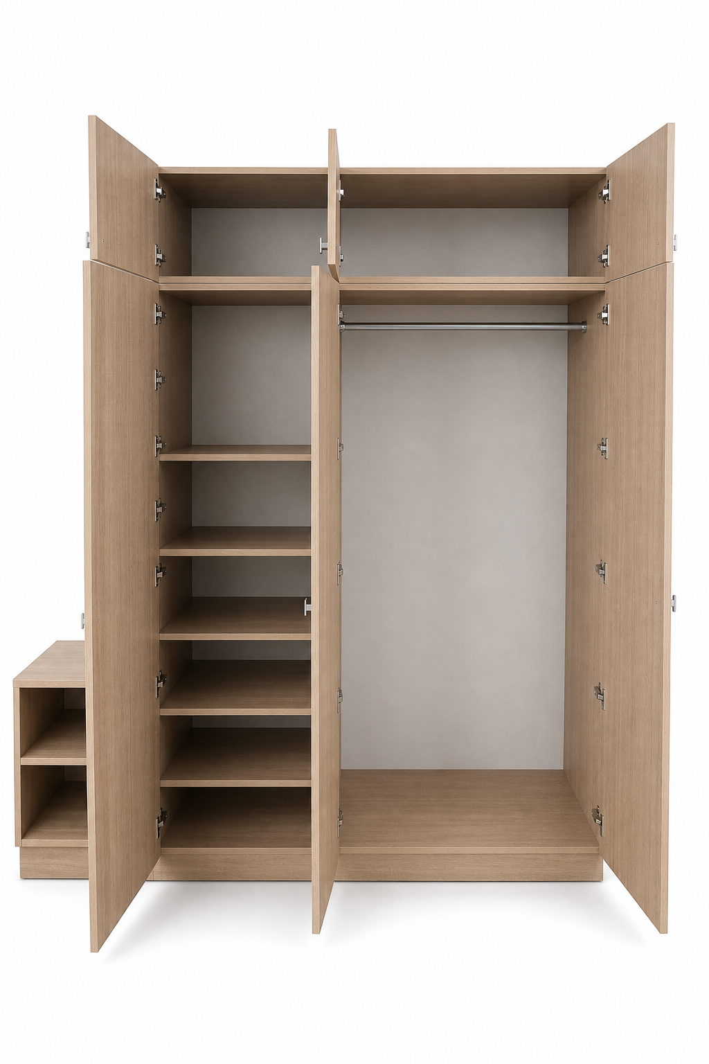 Interior view of Homewood Suites GR-323 hotel wardrobe showing adjustable open shelving unit and a full-length hanging rod section.