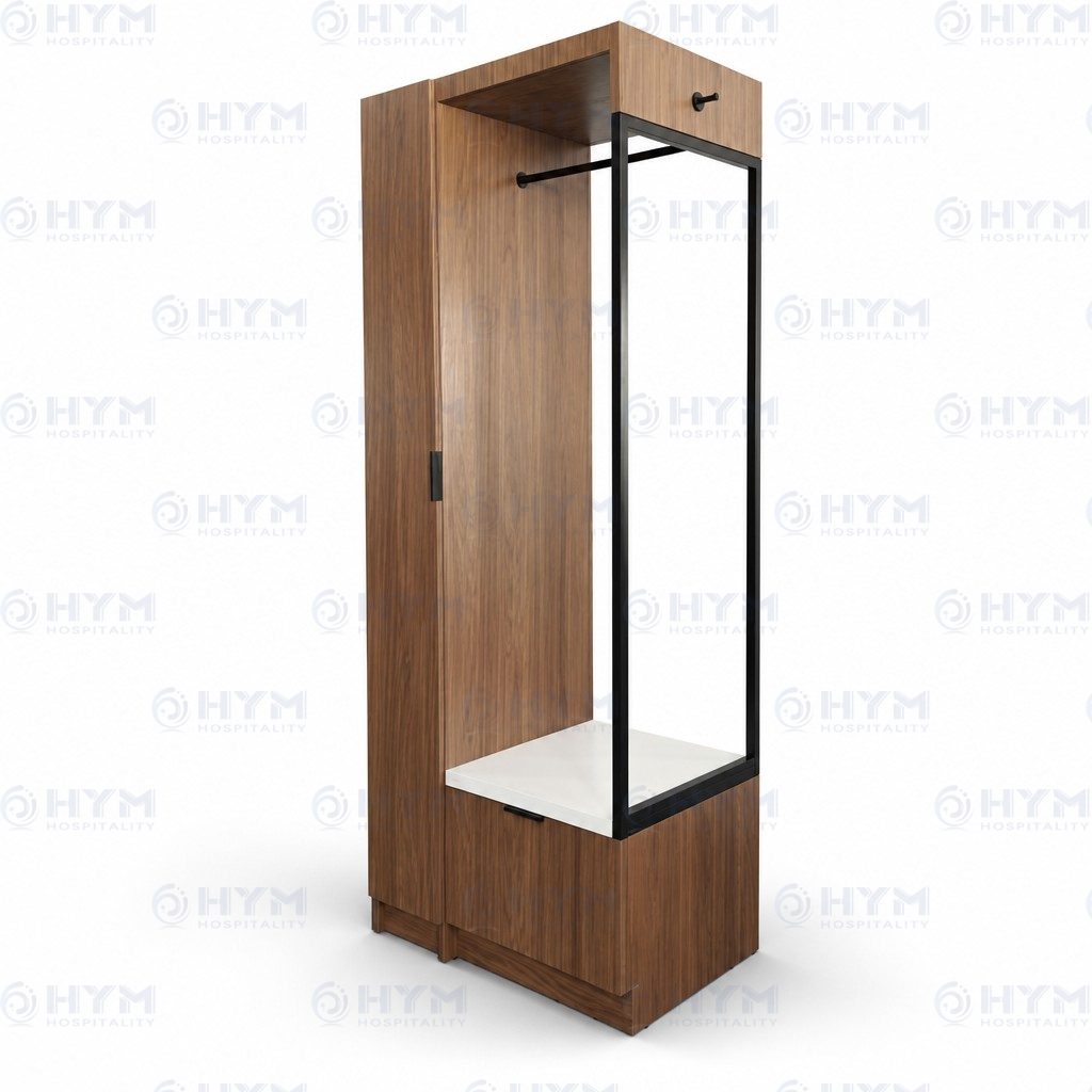 AmericInn guestroom open wardrobe cabinet featuring wood finish, black metal hanging rod, and white accent shelf.