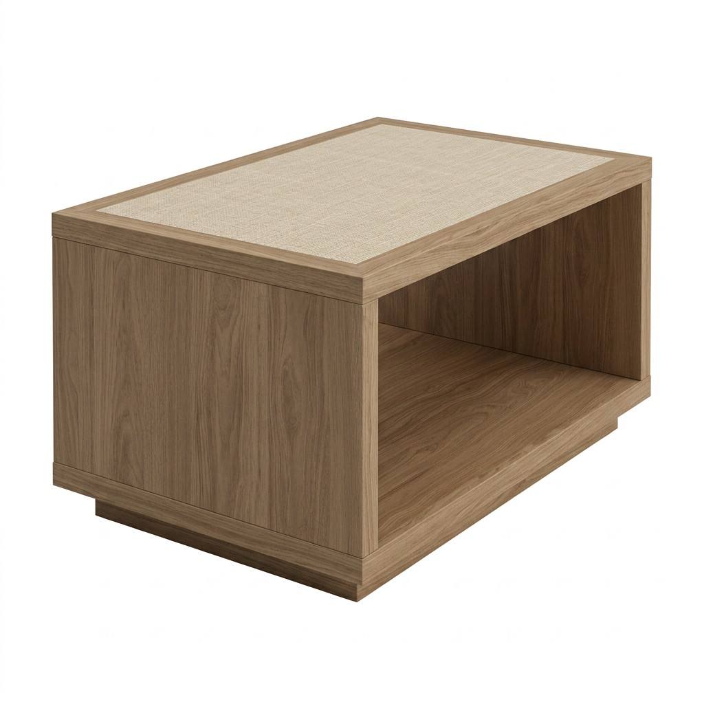 Isometric perspective of CG-224 hotel coffee table with open storage cubby and wood-grain finish.