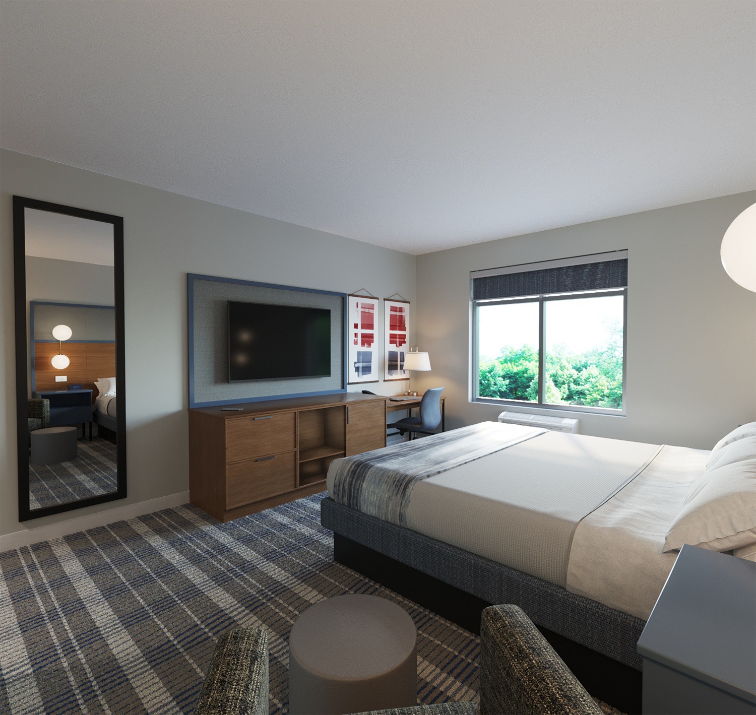 AmericInn guestroom bedroom set showcasing a full-length mirror, TV panel, and a versatile dresser with fridge cabinet and integrated desk workspace.