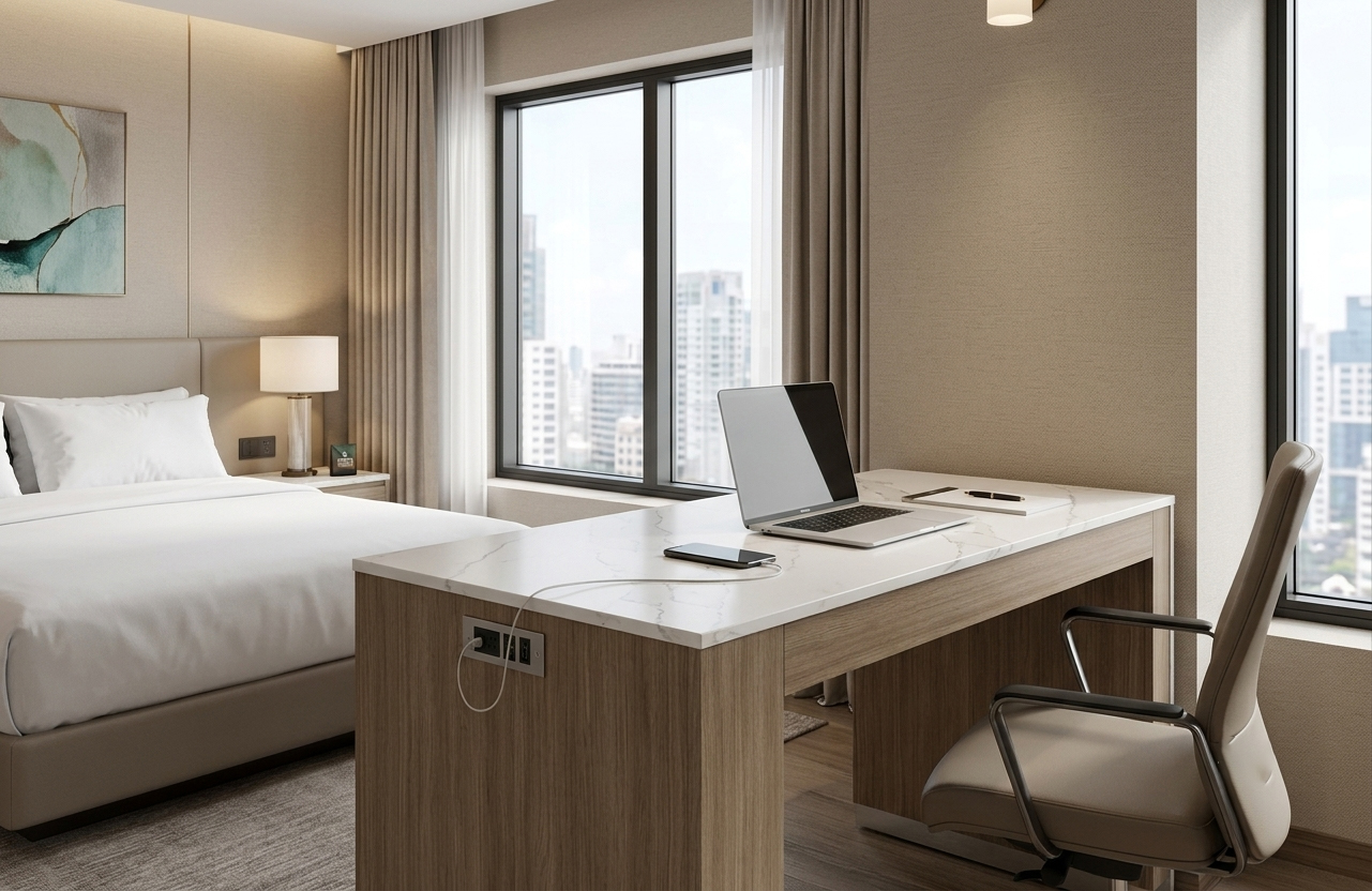 Complete Hilton-standard FF&E furniture package for Homewood Suites, showcasing the GR-315 table in a modern hospitality setting.