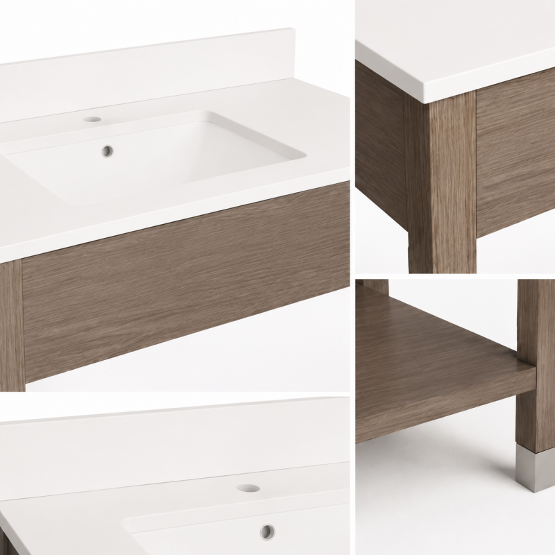 Technical detail view of GR-313 standard hotel vanity for Ramada by Wyndham, showing sink cutout, wood-grain HPL apron, and reinforced bottom shelf.