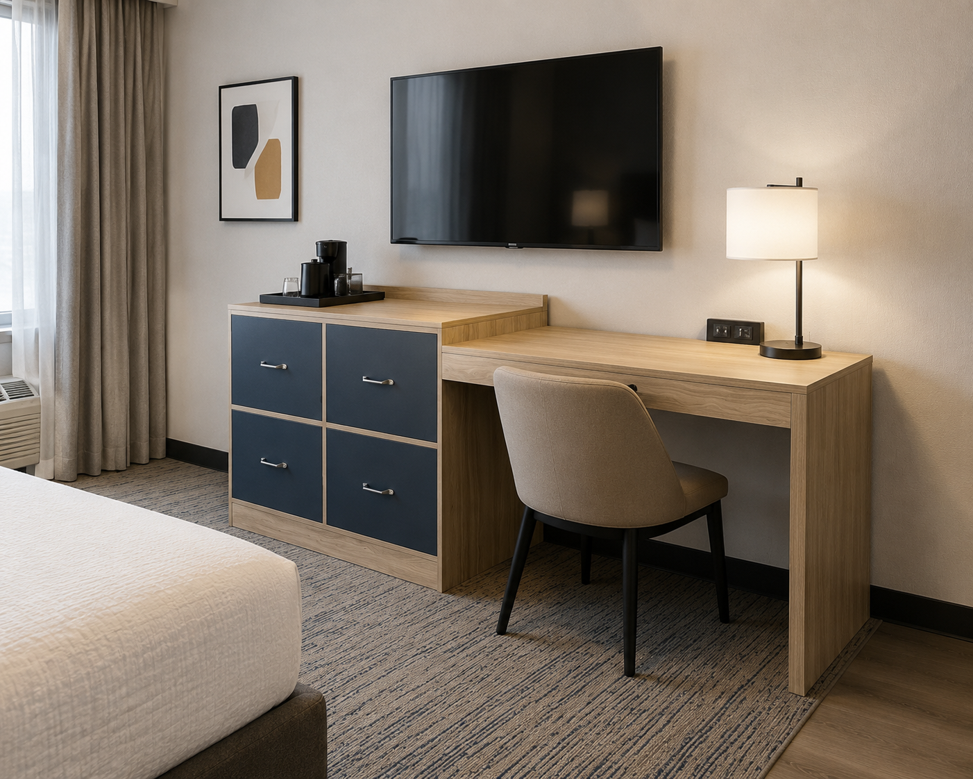 Modernized guestroom interior for Candlewood Suites featuring the CG-210 desk and dresser unit as a space-saving workstation solution.