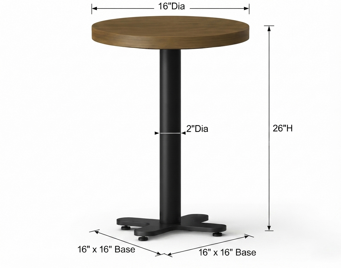 Technical dimensions for PA-308 hotel side table: 16" diameter top, 26" height, and 16"x16" weighted cross base for FF&E planning.