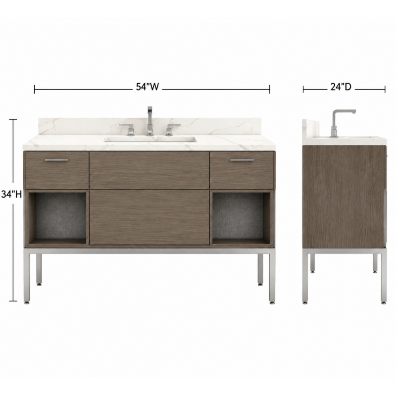 Front and side technical elevation of a 54 inch freestanding hotel vanity for Efficiency Suites, showing 54"W x 24"D x 34"H dimensions and institutional-grade stone top integration.