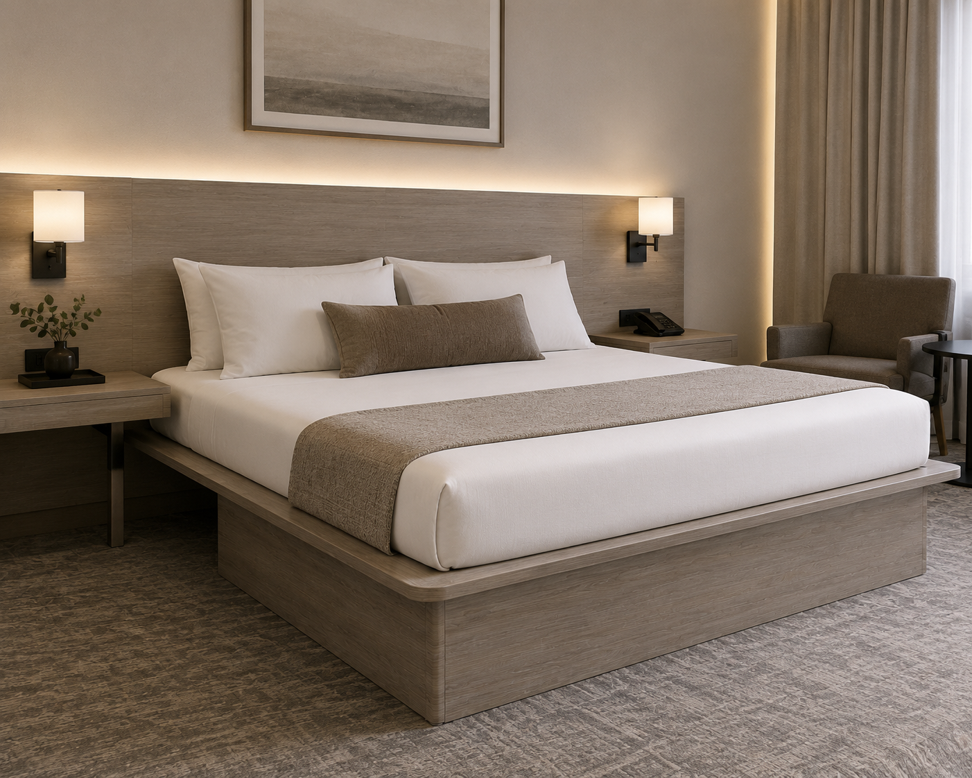 Modern Homewood Suites guestroom interior showcasing the GR-305 bed base integrated with matching walnut casegoods and a flush-to-wall headboard.