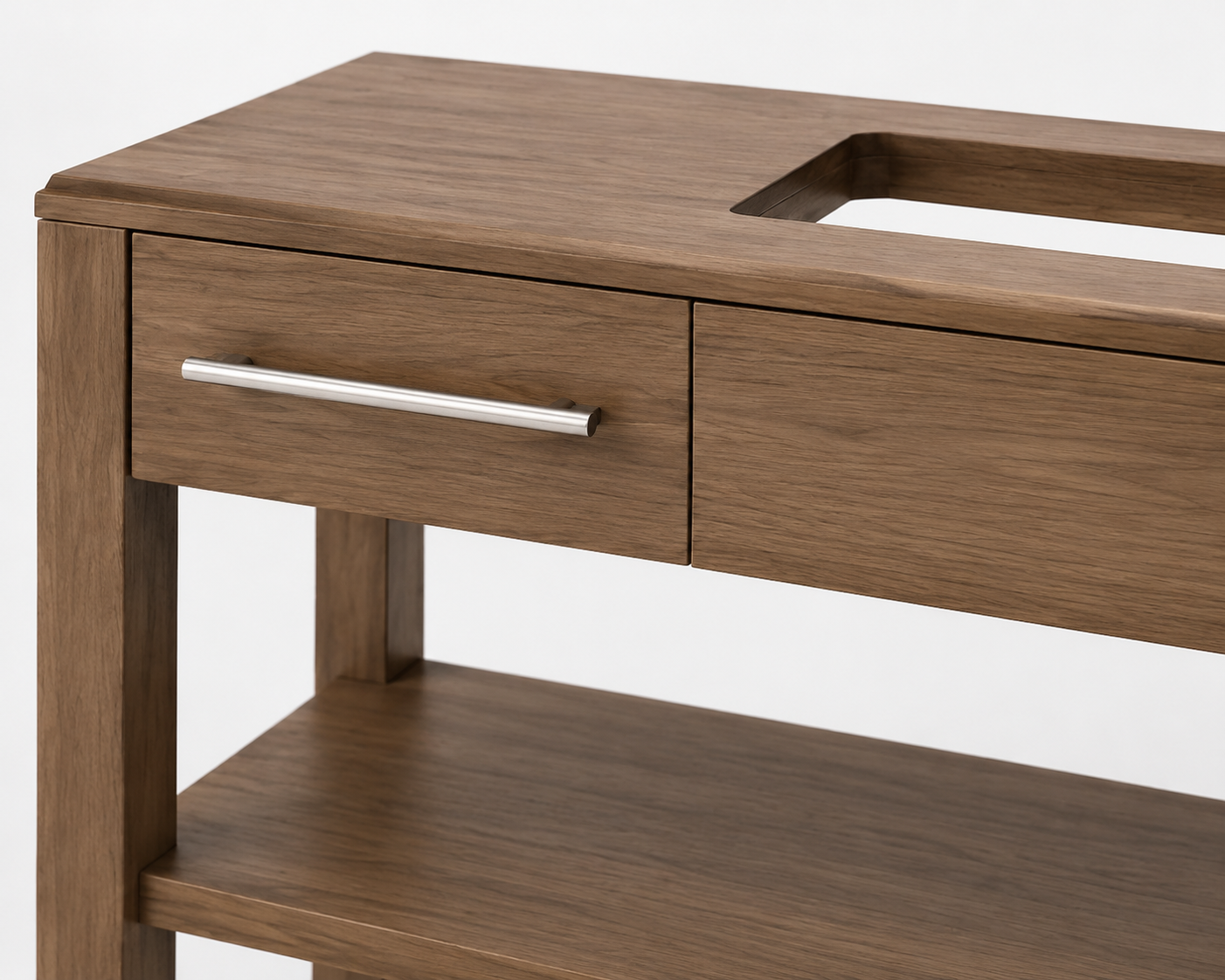 Close-up of Wilsonart Palisades Oak 7987-12 finish and Amerock BP19012SS bar pull on hospitality cabinetry.