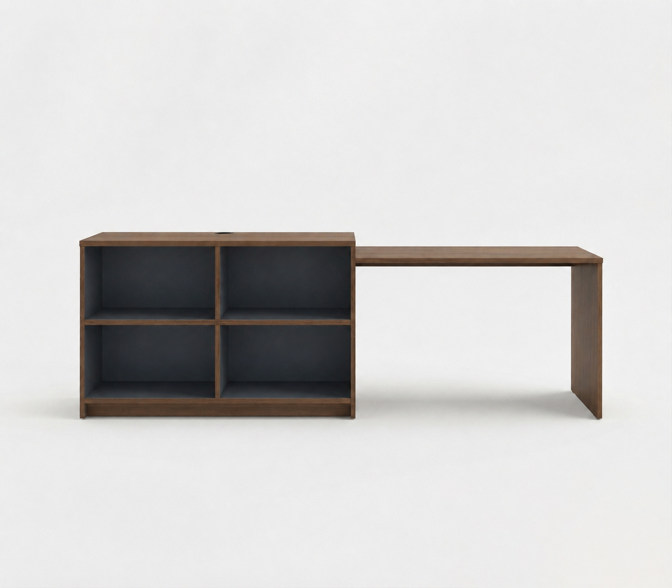 Front view of CG-211 integrated hotel TV stand and desk, featuring Wilsonart Palisades Oak finish and modular storage shelving.